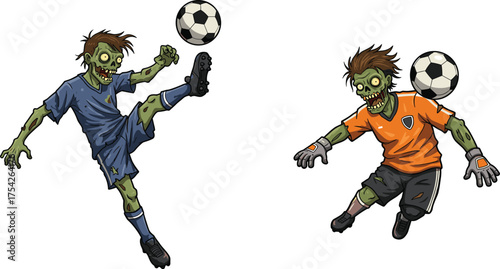 Zombie soccer players illustration, undead football athletes in action, horror sports artwork, creepy fantasy design, Halloween themed zombie game art.