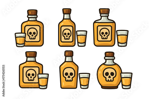 Unique bottles with skull designs and shot glasses for Halloween decor. Set of 6 vector illustration