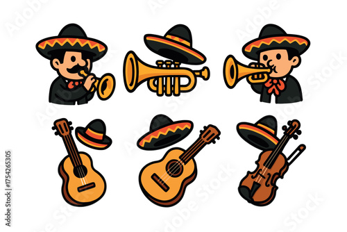 Mariachi musicians playing traditional instruments in celebration. Set of 6 vector illustration