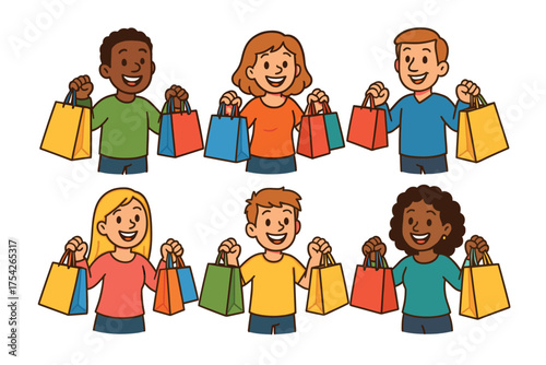Happy shoppers carrying bags during a fun shopping day. Set of 6 vector illustration