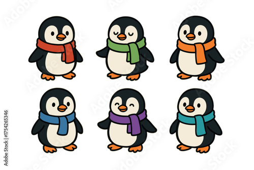 Cute penguins wearing colorful scarves for winter celebration. Set of 6 vector illustration