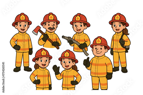 Firefighter team in action with tools and gear for community safety. Set of 6 vector illustration