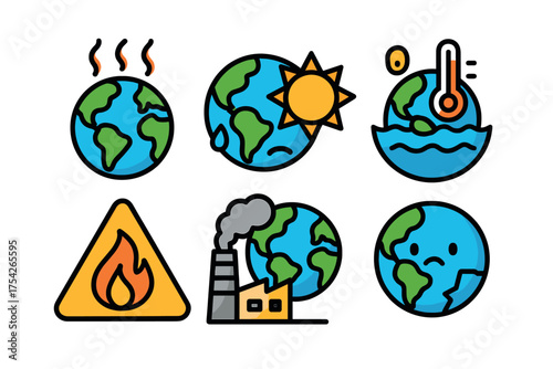 Impact of climate change on Earth and environmental awareness. Set of 6 vector illustration