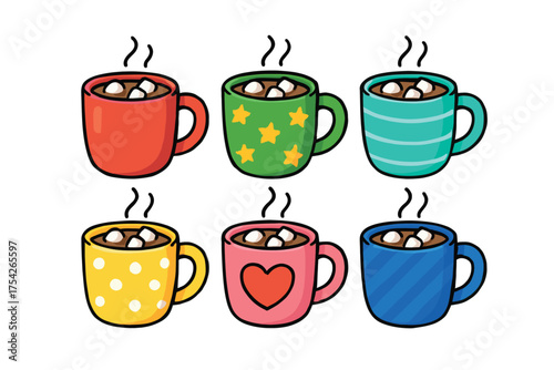 Colorful mugs filled with hot cocoa and marshmallows for winter. Set of 6 vector illustration