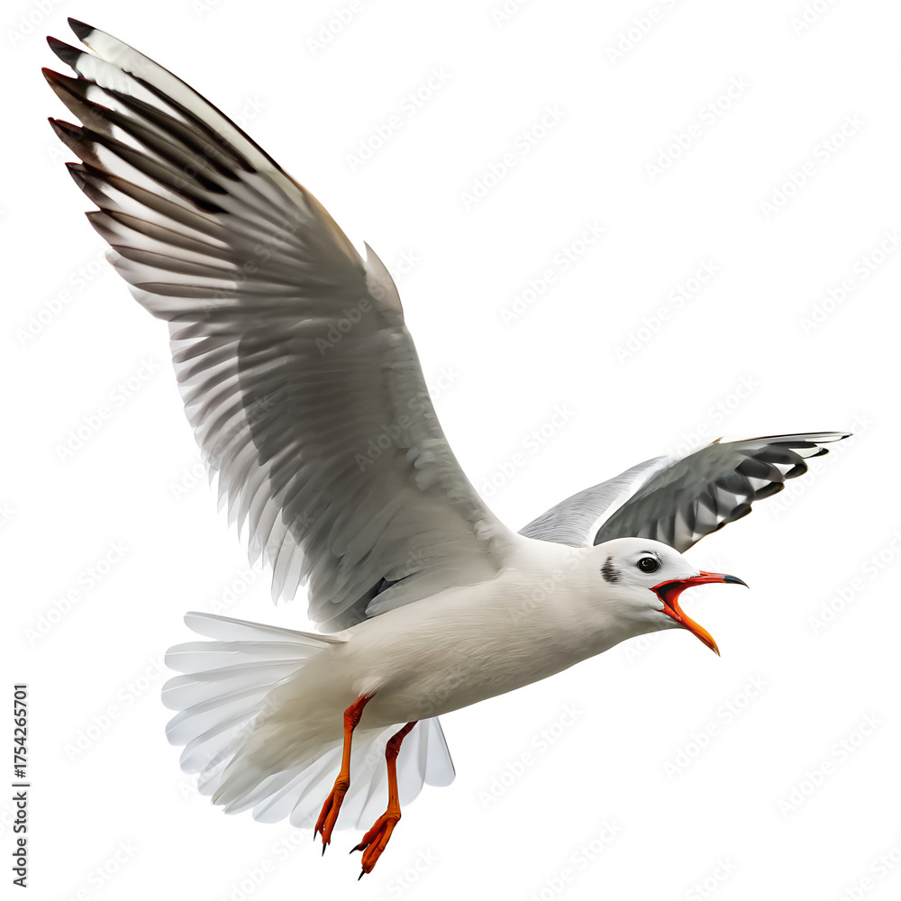 Fototapeta premium A seagull in flight with wings spread wide, mouth open, isolated on transparent background