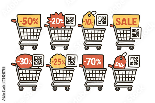 Discounts and sales tags on shopping carts for promotional offers. Set of 6 vector illustration