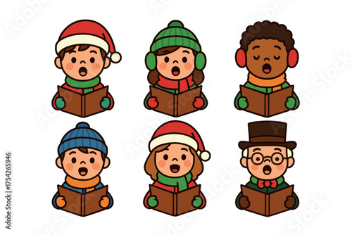 Cheerful singers sharing holiday spirit during festive caroling event. Set of 6 vector illustration