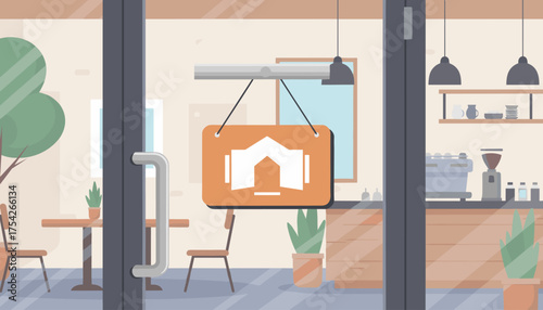 View through a glass door of a cozy cafe interior, showing tables and chairs, a hanging sign with a house icon, a coffee machine, and shelves with mugs, suggesting a welcoming atmosphere for