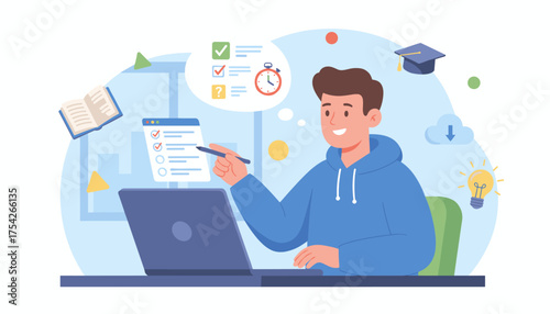 A young man in a blue hoodie is taking an online exam on his laptop, with icons representing education, assessment, and success floating around him, symbolizing the digital learning experience and