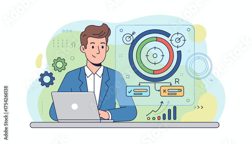 Modern flat illustration of a businessman working on a laptop, analyzing OKR (Objectives and Key Results) metrics on a futuristic dashboard with target circles, progress bars, and growth charts