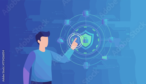 Modern flat illustration of a person interacting with a zero trust security icon, symbolizing digital protection, network security, and data privacy in a business context, with interconnected devices