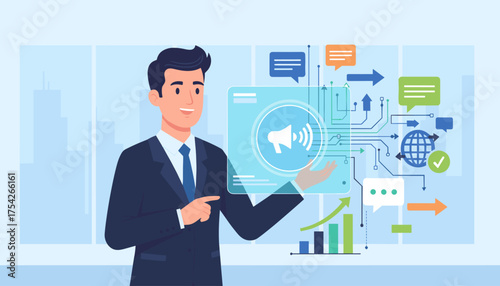 Modern businessman in a suit presenting a digital interface with a megaphone icon, symbolizing public relations, communication, and marketing strategies, with growth charts and global network icons