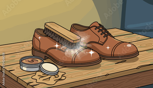 Close-up illustration of a pair of polished brown leather dress shoes being shined with a brush and polish on a wooden surface, showcasing meticulous care and attention to detail for footwear