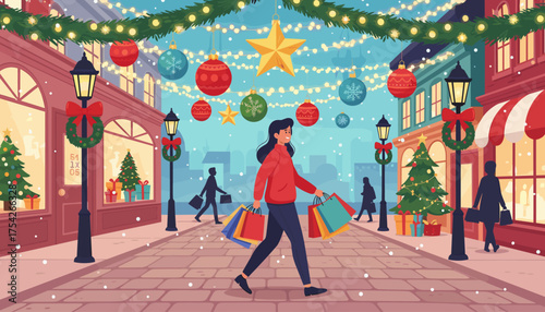 A woman with shopping bags in hand walks down a festive street decorated with Christmas trees, garlands, ornaments, and lights, capturing the joyful spirit of holiday shopping and winter celebrations