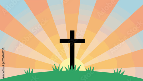 Silhouette of a Christian cross standing tall on a grassy hill against a vibrant sunrise, symbolizing hope, faith, and new beginnings with radiant sunbeams spreading across the sky in warm orange and
