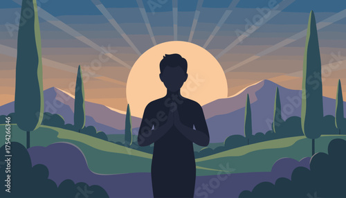Silhouette of a person in reverence, hands clasped in prayer or meditation, standing against a vibrant sunrise over rolling hills and distant mountains, evoking peace and spirituality in a serene