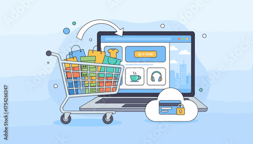 Vibrant illustration of a shopping cart overflowing with colorful bags and products next to a laptop displaying an e-commerce interface with a 'Buy Now' button, a steaming coffee cup, and headphones