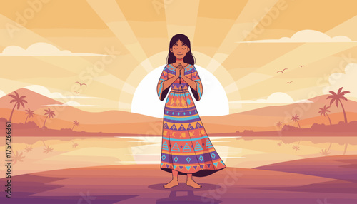 Serene Latin woman with closed eyes and clasped hands in prayer or meditation, wearing a vibrant, patterned dress, embracing a breathtaking sunset over a tranquil tropical landscape with calm water