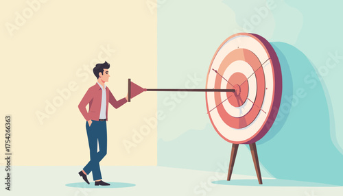 A determined businessman in a modern flat illustration style aims a target with a funnel, symbolizing setting business objectives and achieving goals with precision and focus, against a minimalist