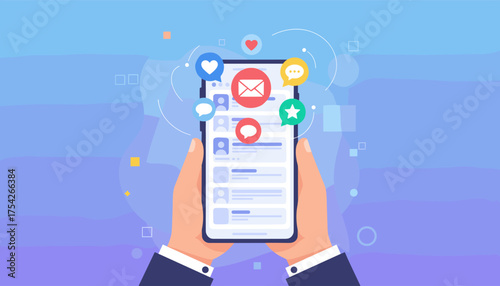 Conceptual illustration of social media interactions and communication via a smartphone, showcasing various icons like messages, likes, hearts, and stars, against a vibrant gradient background with
