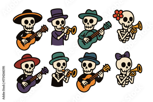 Festive skeleton musicians playing instruments for celebration. Set of 6 vector illustration