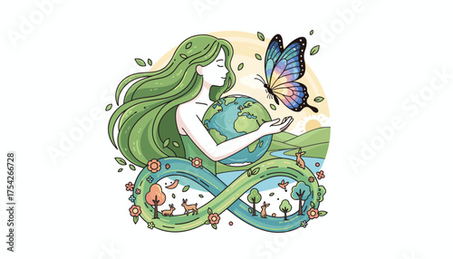 Vibrant illustration of Mother Earth, a serene woman with flowing green hair, cradling the planet in her hands, with a colorful butterfly fluttering nearby, symbolizing nature's delicate balance and