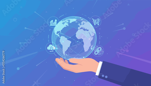 A businessman's hand cradles a glowing digital globe, symbolizing global connectivity, cloud computing, e-commerce, and blockchain technology, set against a vibrant blue and purple gradient