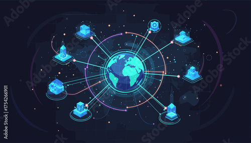 Abstract global business network technology connection concept with interconnected nodes and glowing lines around a central earth globe on a dark digital background, representing data flow and