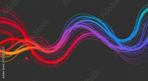 Abstract wavy lines flow, blending colors against a dark gray backdrop, creating dynamic movement