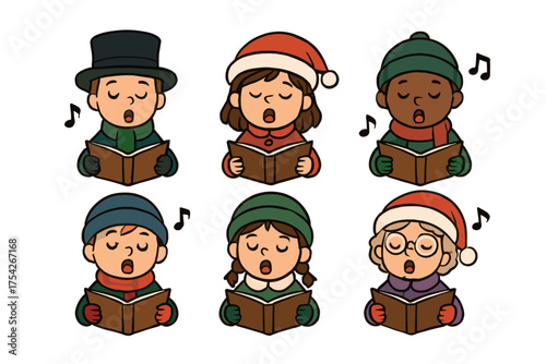 Singing carolers celebrating the holiday spirit in winter attire. Set of 6 vector illustration