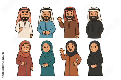 Diverse group of friends in traditional attire waving and smiling. Set of 6 vector illustration