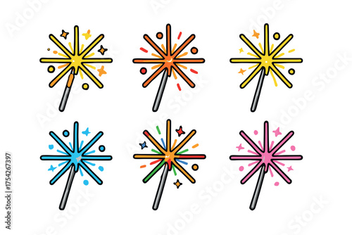 Colorful sparkler designs for festive celebrations and events. Set of 6 vector illustration
