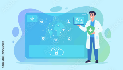 Doctor in white coat holding a shield with a green cross and a tablet displaying health icons, representing digital healthcare, medical technology, and secure patient data management with a global