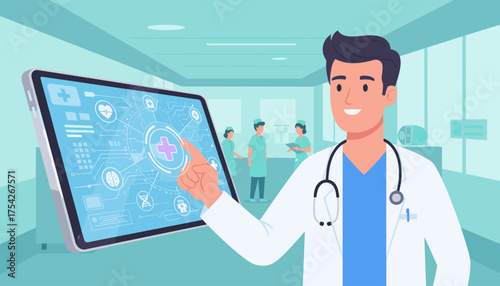 A smiling male doctor in a white coat with a stethoscope around his neck, interacting with a futuristic medical tablet displaying health icons and data in a modern hospital corridor with nurses in