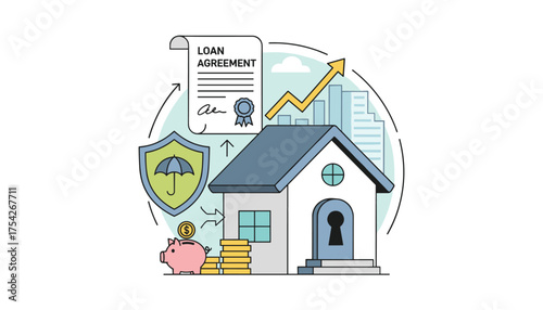 Conceptual illustration of a mortgage loan process, featuring a house, piggy bank, coins, a loan agreement document, a shield with an umbrella symbolizing insurance, and a rising arrow graph