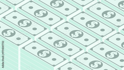 Isometric green US dollar cash stacks laid out in neat rows. Backdrop for advertising of banking services. 3D vector background top view at an angle