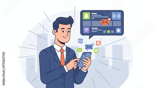Modern businessman in a suit checking his smartphone, surrounded by notification icons and message bubbles, symbolizing digital communication, alerts, and the concept of unread emails or messages in