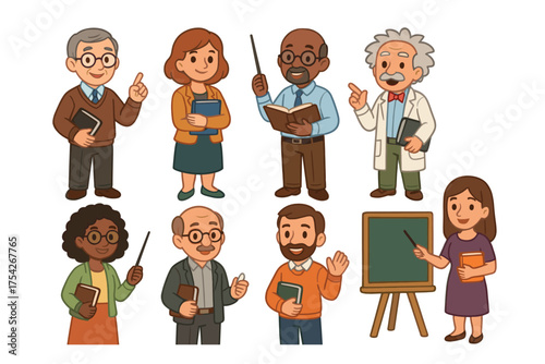 Group of diverse educators sharing knowledge in a classroom setting. Set of 6 vector illustration