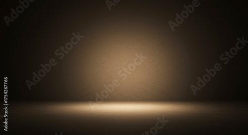 Minimalist empty dark brown studio background with warm sepia spotlight effect creating a subtle center glow on the floor and wall ideal for product presentation