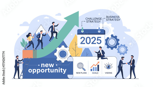 Vibrant illustration depicting a business strategy for 2025, showcasing a team climbing an upward arrow representing growth and new opportunities, with icons for new plans, goals, and visions