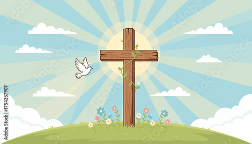 Radiant sunbeams illuminate a rustic wooden cross adorned with a climbing vine, symbolizing hope and resurrection, set against a serene sky with fluffy clouds and a dove of peace flying nearby