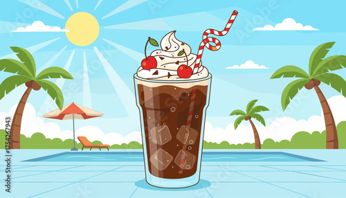 Refreshing cold chocolate beverage with whipped cream and cherries, served with a striped straw, set against a bright sunny day by a swimming pool with palm trees and lounge chair, perfect for summer