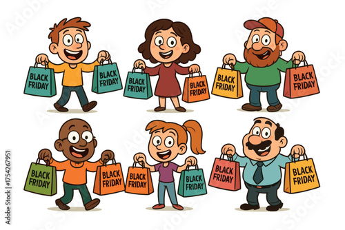 Diverse group of people celebrating Black Friday shopping. Set of 6 vector illustration