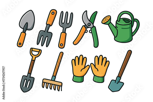 Essential gardening tools for outdoor planting and maintenance. Set of 6 vector illustration