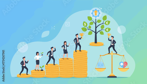 Business growth concept: Employees climbing stacks of coins symbolizing career development and financial success, with a money tree and a balance scale representing global economy versus personal