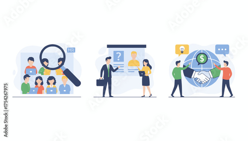 Modern flat illustration of human resources department activities, including candidate search with a magnifying glass, interview process with a resume display, and global business partnership with