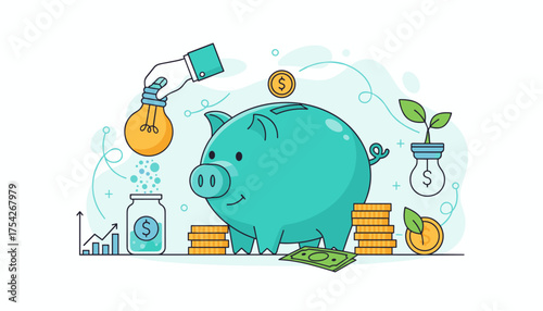 Vibrant illustration of a piggy bank symbolizing savings and financial growth, with a hand inserting a lightbulb representing energy efficiency and smart investment, surrounded by coins, banknotes