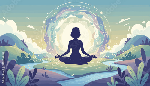 Serene silhouette of a woman meditating in a lotus pose amidst a vibrant, abstract natural landscape with flowing water, rolling hills, and a luminous, swirling aura of energy, symbolizing inner