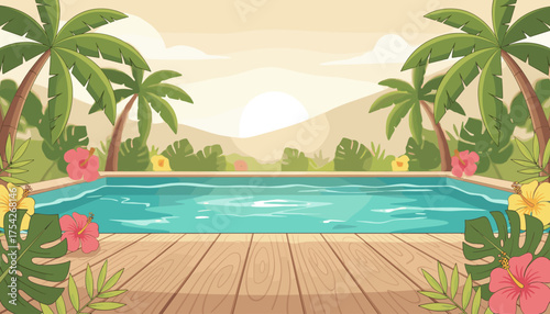 Serene wooden deck beside a tropical swimming pool surrounded by lush palm trees and vibrant hibiscus flowers, with a soft, hazy sunset in the background, evoking a sense of peaceful vacation and