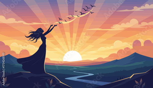 Silhouette of a woman standing on a cliff edge, arms outstretched, releasing a flock of birds into a vibrant sunrise over a serene mountain landscape with a winding river below, symbolizing freedom
